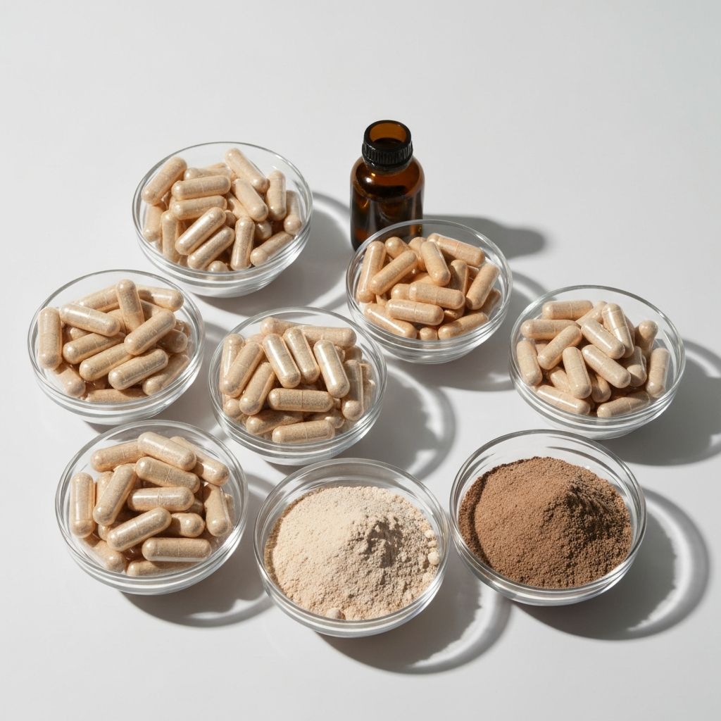 Various supplement forms including capsules, tablets, and powders